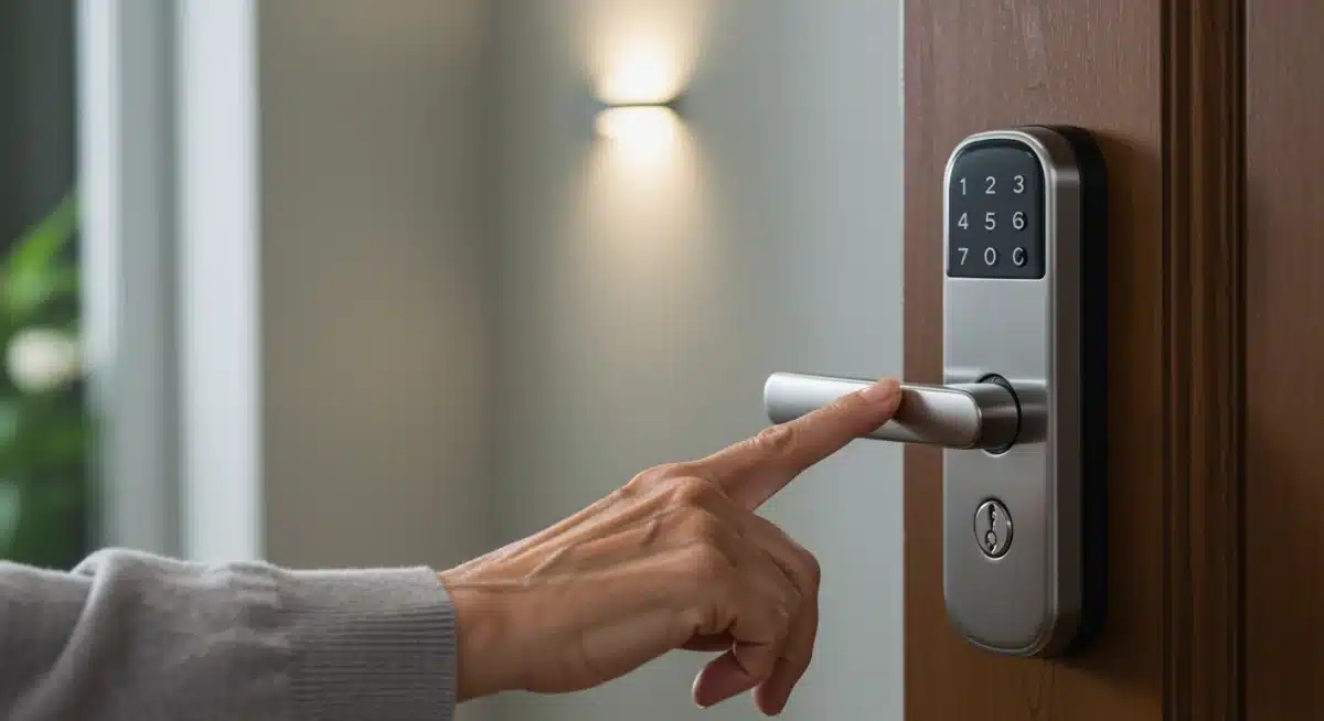 Senior hand operating a smart door lock for home security