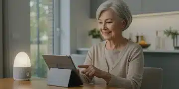 Senior woman using smart home tablet for comfort and safety
