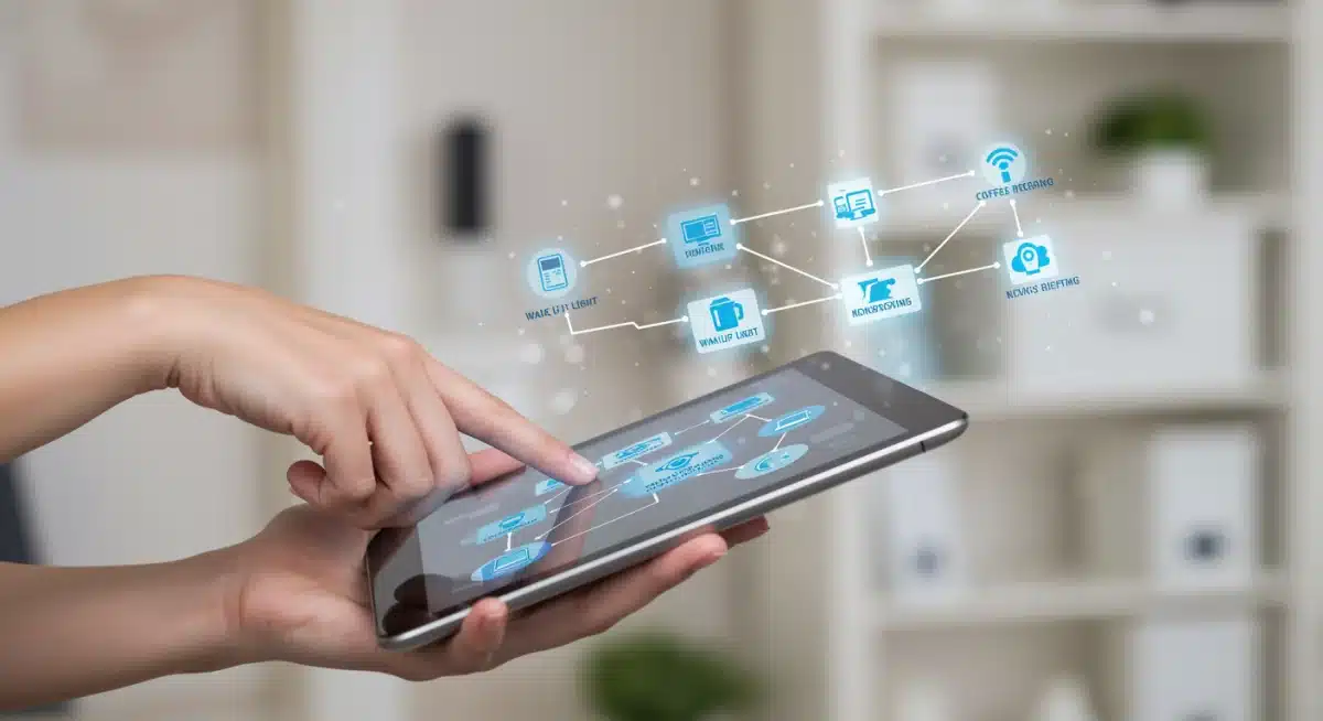 Tablet displaying complex smart home routine flow chart