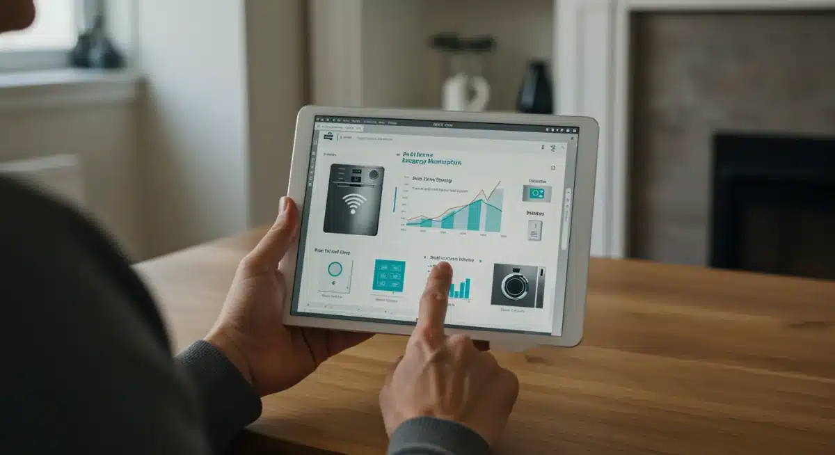 Homeowner monitoring energy use with a smart home dashboard on a tablet