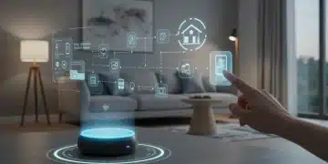 Futuristic smart home living room with holographic voice assistant interface
