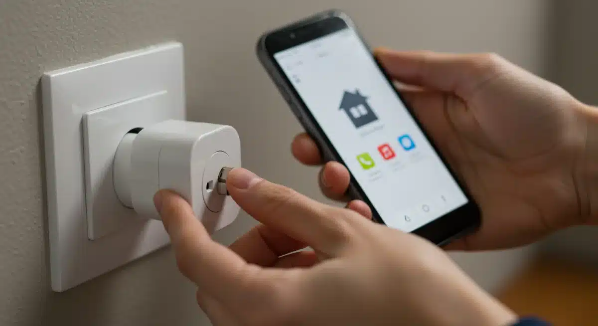Hand inserting smart plug into outlet, smartphone controlling device