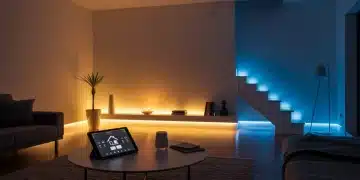 Modern living room with advanced smart lighting automation creating dynamic ambiance.