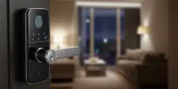 Modern smart lock with biometric scanner on a wooden door, symbolizing advanced home security in 2025.
