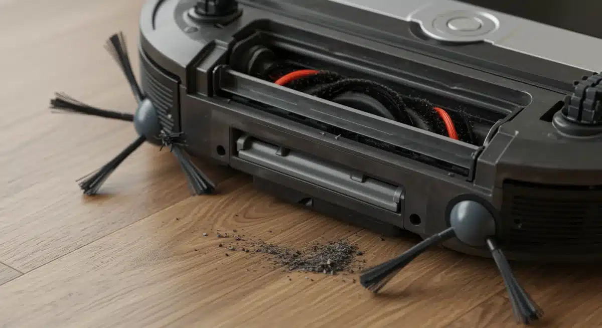 Close-up of robot vacuum's advanced brush system and suction