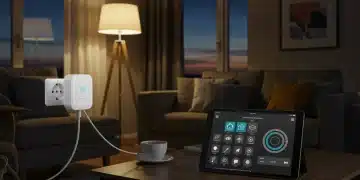 Smart plug automating living room lamp, tablet showing smart home app