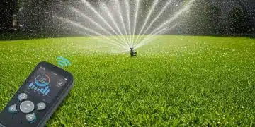 Smart sprinkler system watering a lush green lawn in summer, showing water conservation