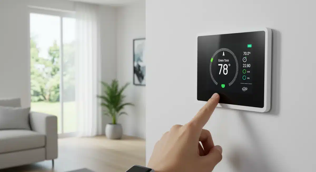 Smart thermostat displaying energy data, hand adjusting settings