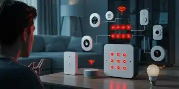 Frustrated homeowner troubleshooting smart home hub in modern living room