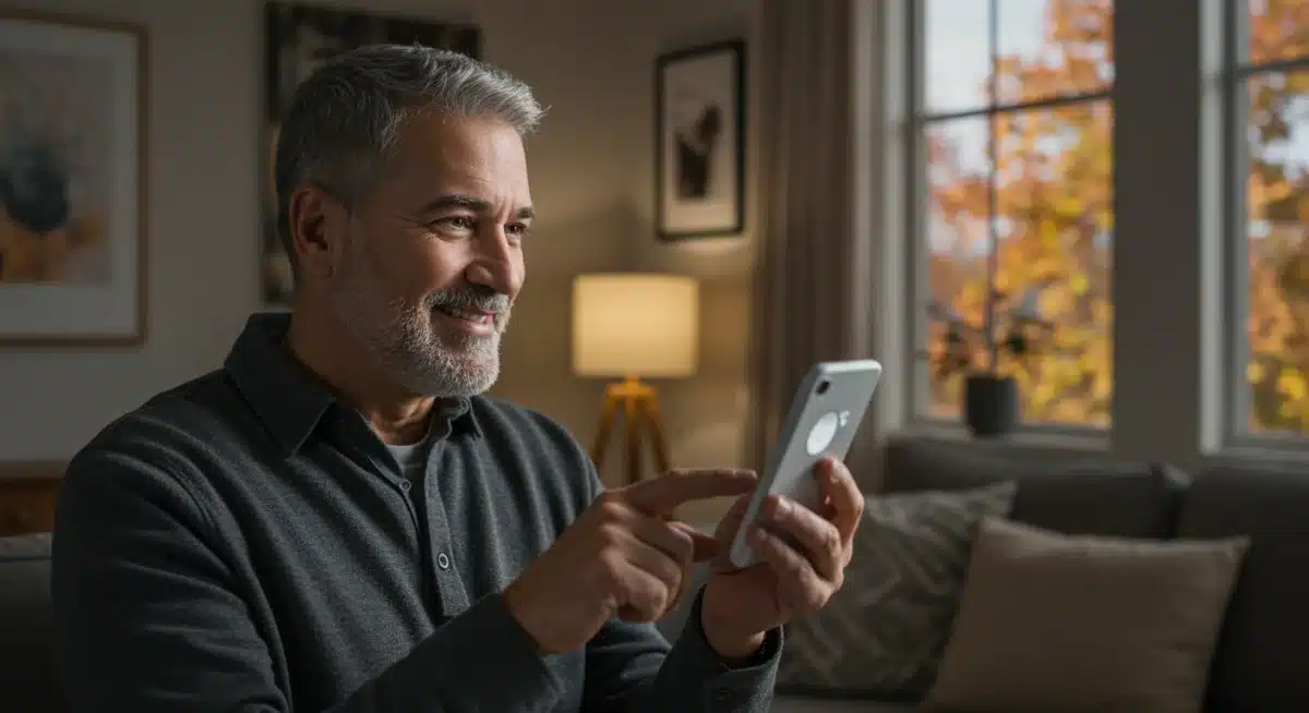 Homeowner adjusting smart thermostat via smartphone app