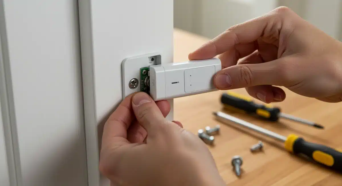 Person installing a wireless door sensor for DIY smart home security system