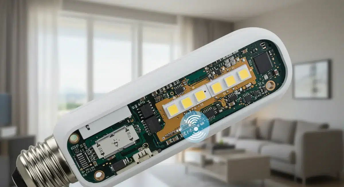 Next-generation smart LED light bulb with internal components visible.