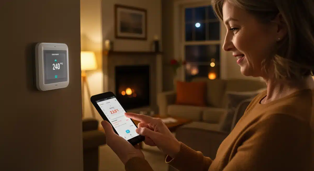 Person using smartphone app to control smart thermostat remotely for energy efficiency.