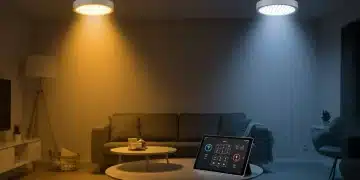 Smart home interior with modern LED lighting fixtures and a tablet control system.