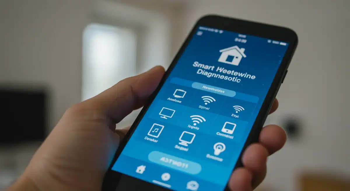 Hand holding smartphone with smart home network diagnostic app
