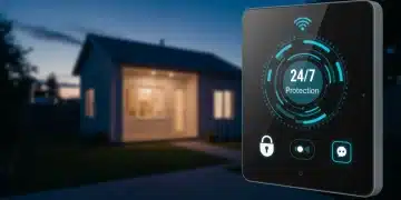 Smart home security system control panel with live camera feed, signifying advanced 24/7 protection