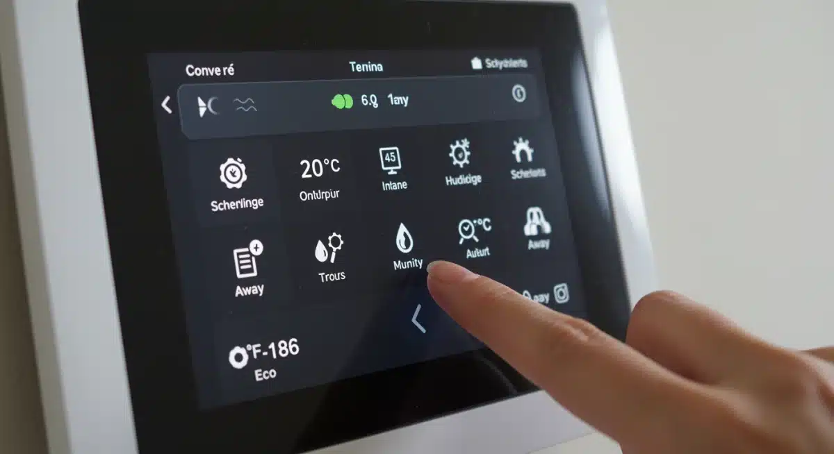 Close-up of a smart thermostat's user-friendly touch screen interface