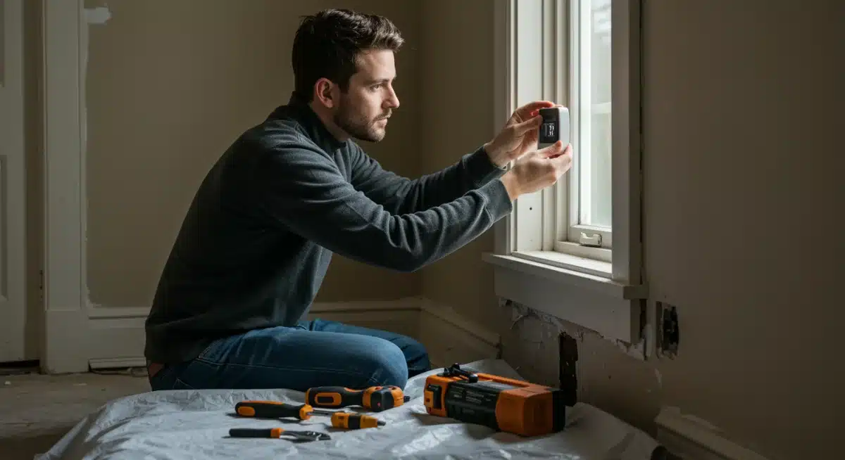 Homeowner installing smart thermostat in an older home