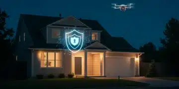 Futuristic smart home with AI security system active at dusk