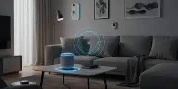 Futuristic smart home living room with a central smart speaker controlling various automated devices in 2026