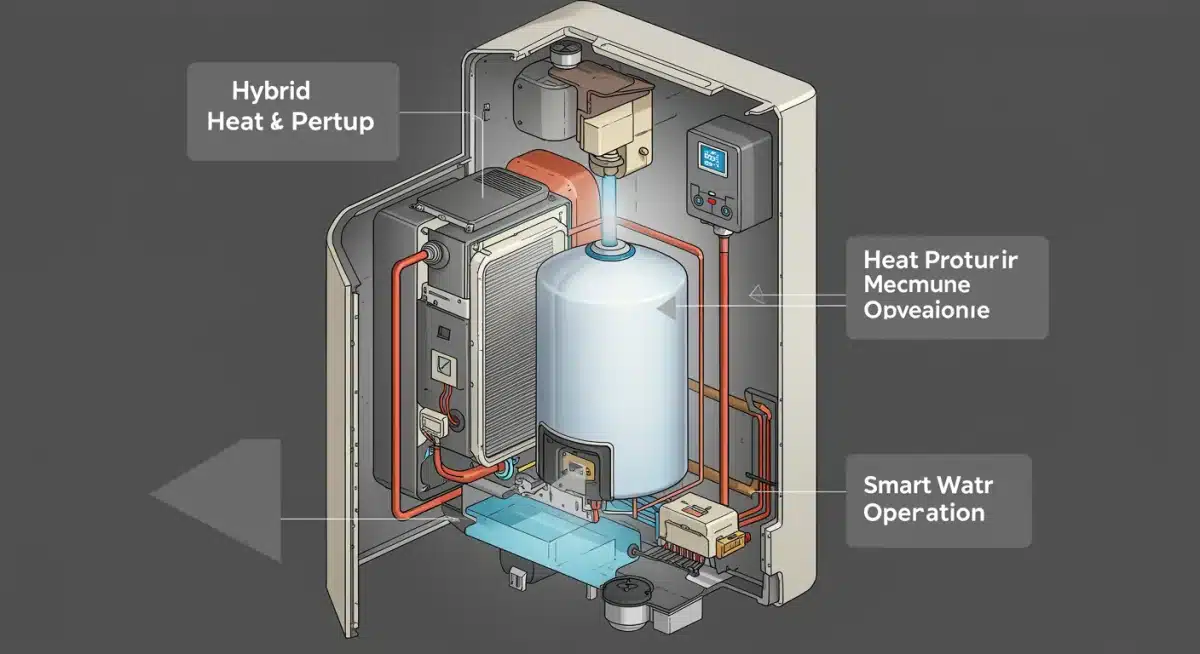 Cross-section of a hybrid heat pump water heater, showcasing internal efficiency components