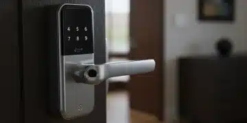 Modern smart lock with biometric scanner and keypad on a wooden door