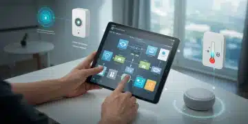 Smart home user programming advanced routine on tablet, surrounded by integrated devices.