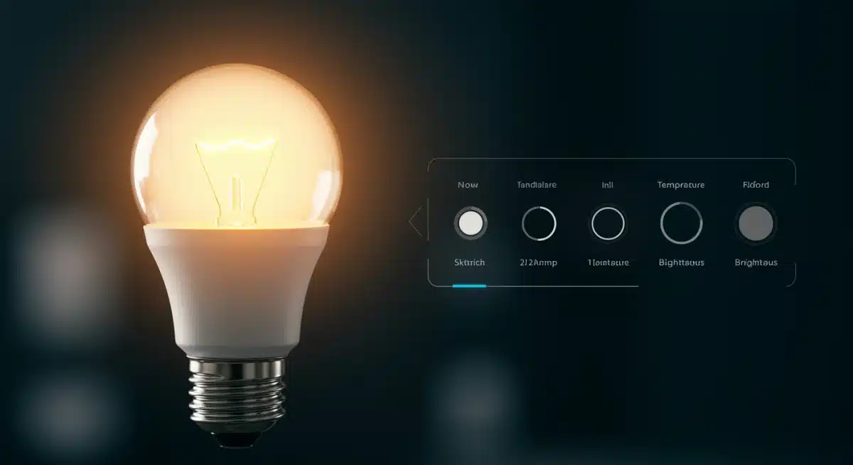 Close-up of a smart light bulb with digital interface showing color and brightness controls