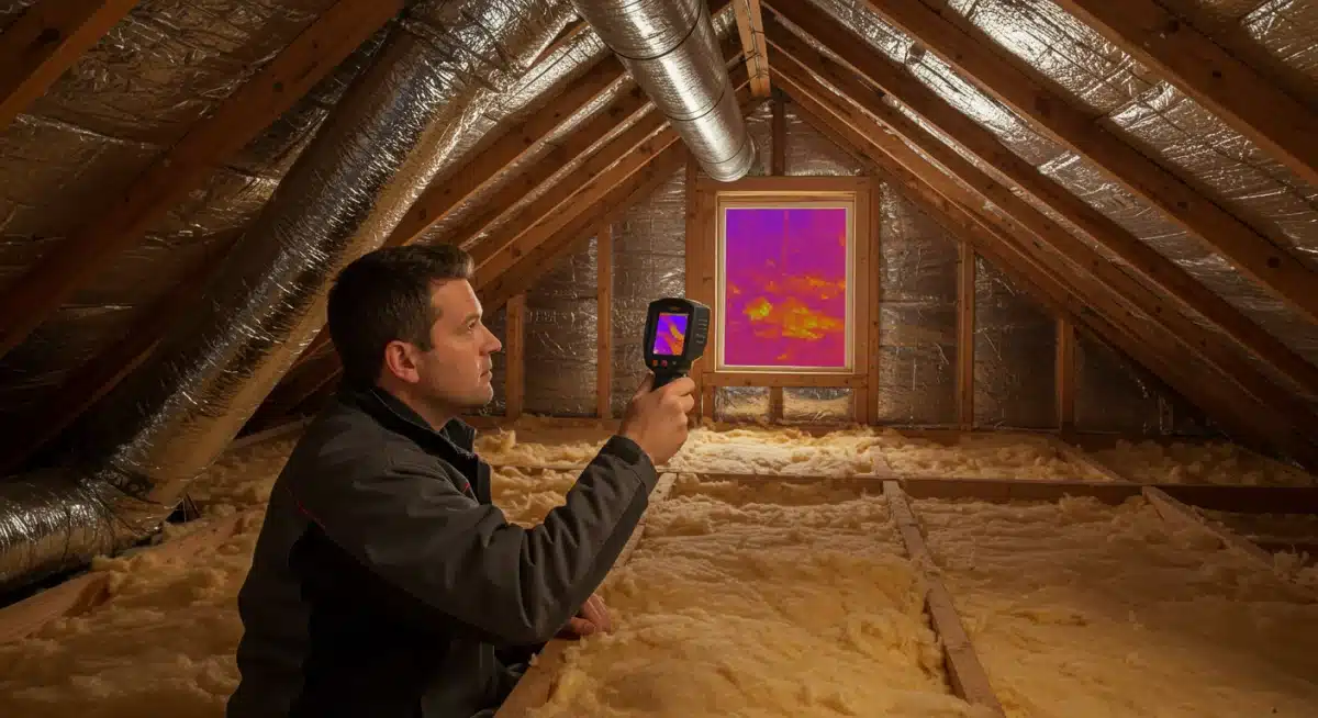 Insulation expert using thermal camera to detect heat leaks in attic