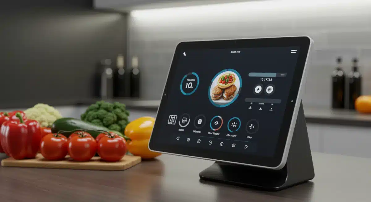 Futuristic AI-powered smart kitchen appliance displaying recipes