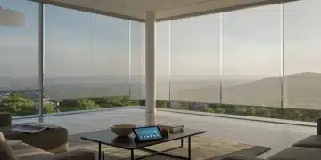Automated smart shades in a contemporary living room, demonstrating light control.