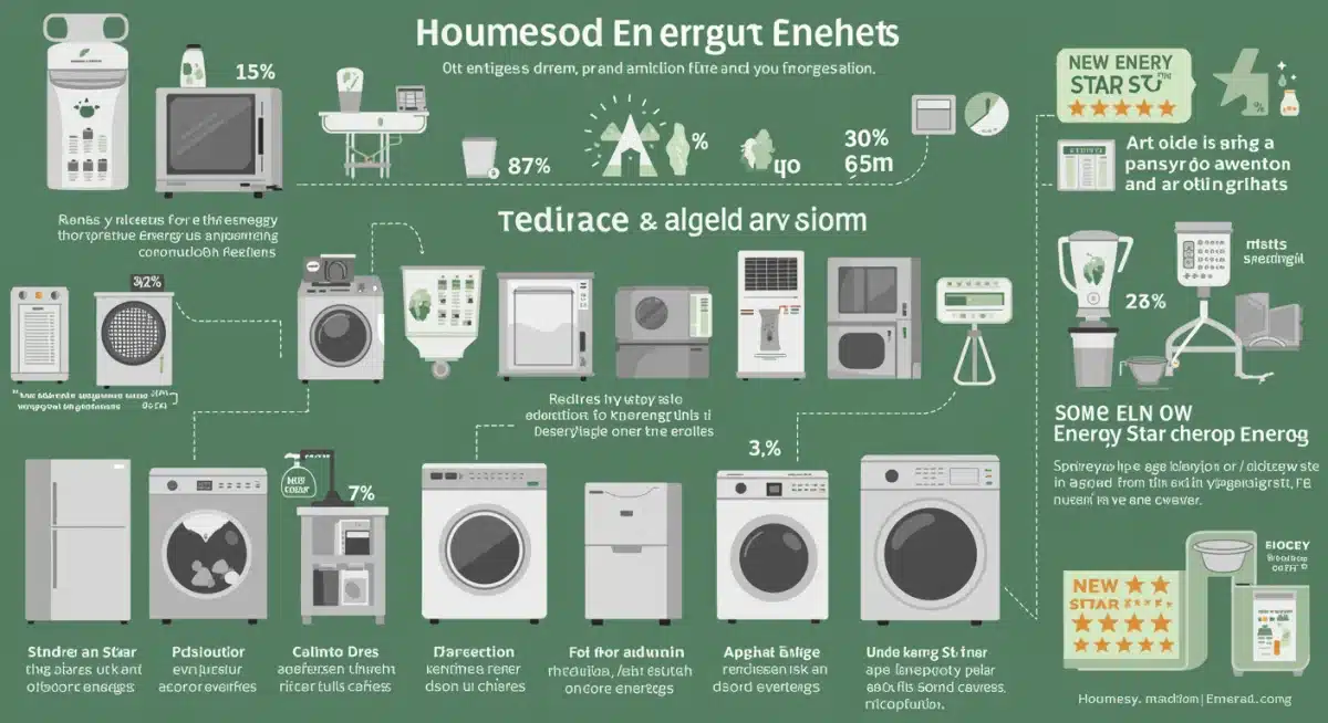 Infographic showing household energy consumption by appliance and potential savings.