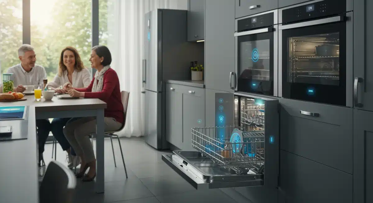 Family enjoying dinner in a smart kitchen with automated appliances