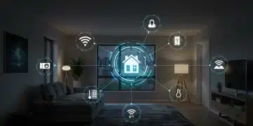 Futuristic smart home interior with integrated devices and glowing central hub.