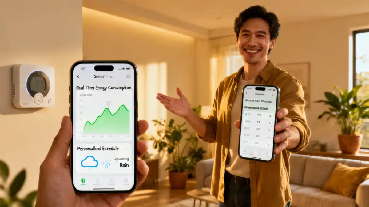 Homeowner using smart thermostat app for personalized climate control and energy monitoring