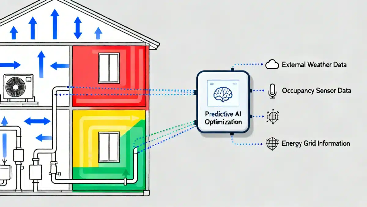 Diagram illustrating HVAC system integrated with smart thermostat and predictive AI data inputs
