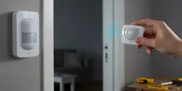 Hand installing white smart motion sensor on wall in modern home