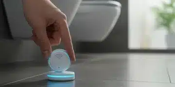 Hand installing smart water sensor on bathroom floor