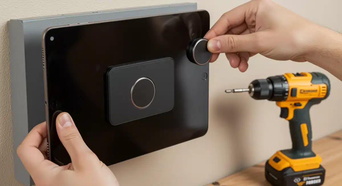 Installing a magnetic wall mount for a repurposed tablet.