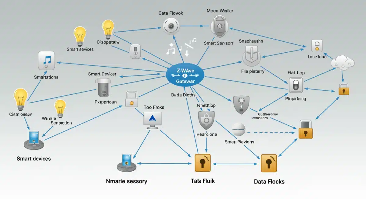Diagram of a mesh network for smart home devices, showing interconnected nodes.