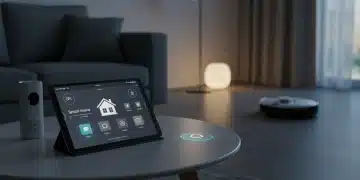 Modern smart home interior with integrated smart devices and intelligent lighting