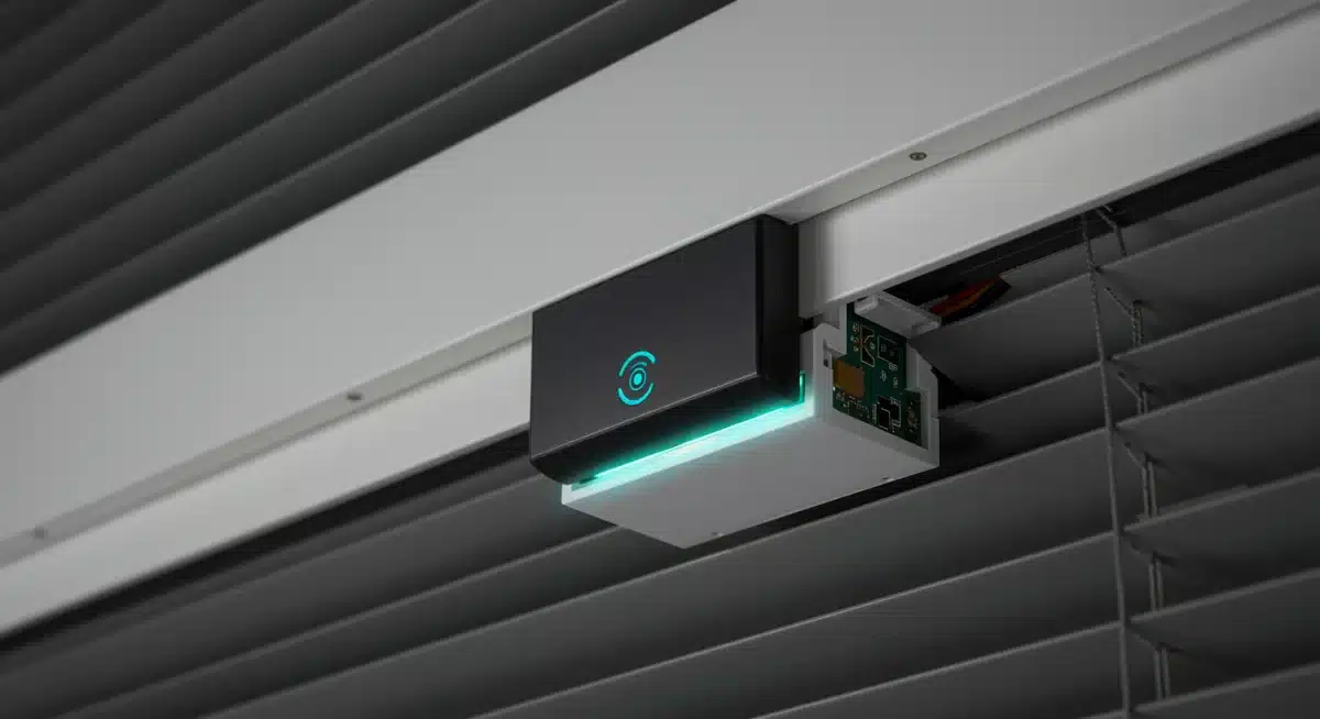 Close-up of a smart blind motor with integrated sensors and a subtle active light.