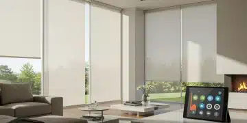 Sleek smart blinds in a modern living room, controlled by a tablet interface.