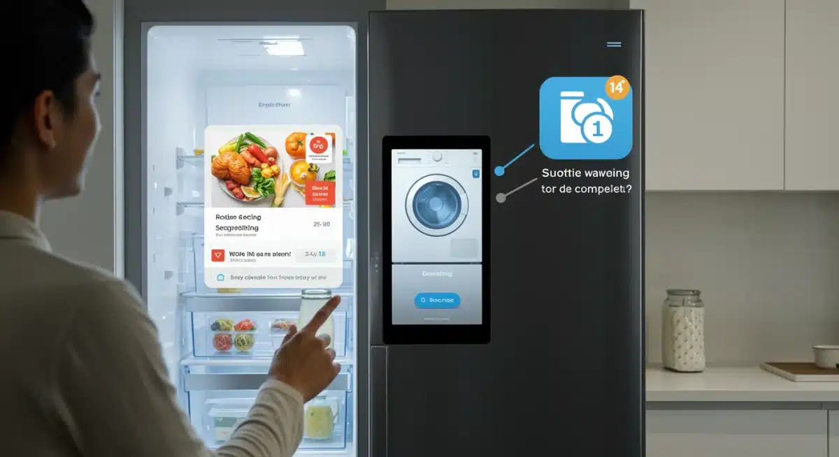 Smart refrigerator showing internal contents and laundry notification