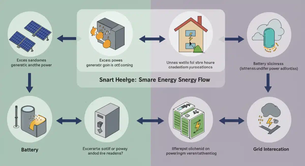 Infographic illustrating the energy flow in a smart home system with solar panels and battery storage.