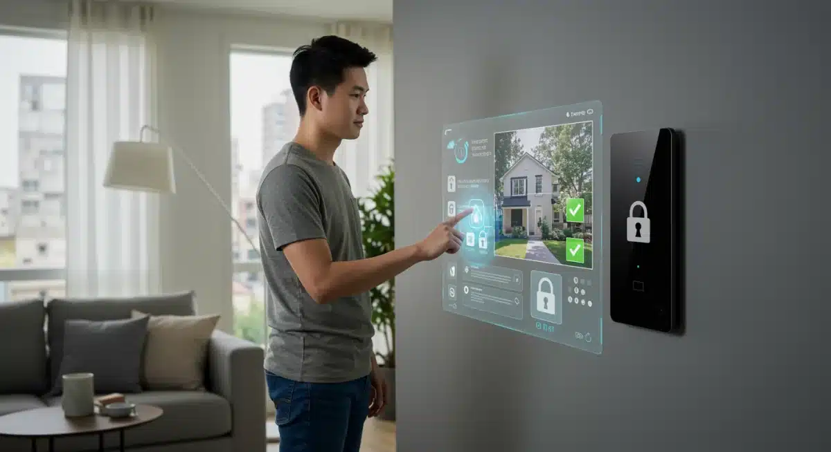 Person interacting with a smart home security system holographic display