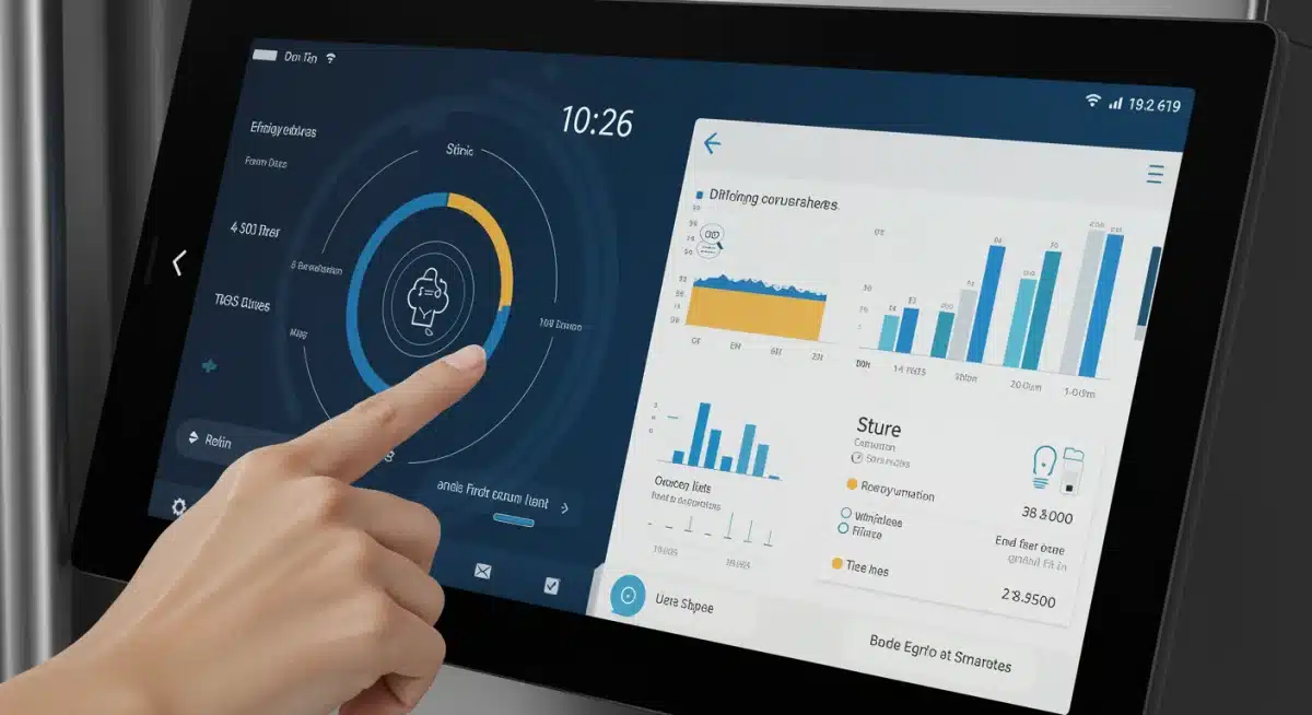 Smart refrigerator display showing energy usage and integrated features