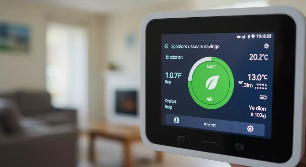 Smart thermostat displaying energy savings data