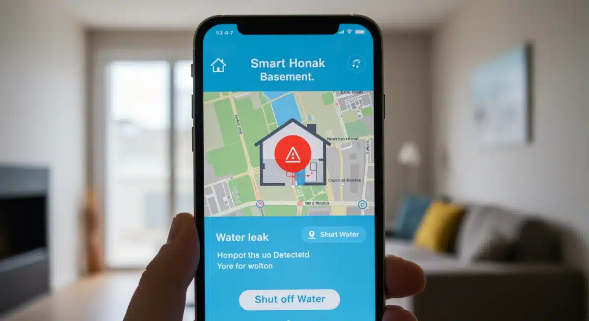 Smartphone app showing water leak alert notification in a smart home