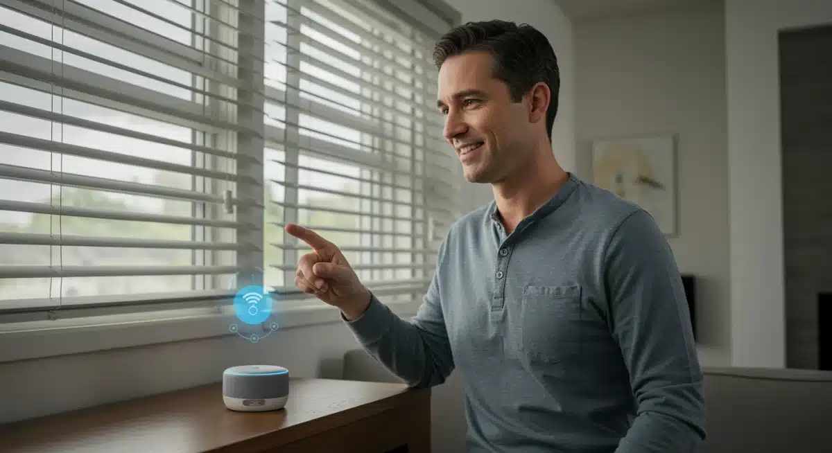 Person using voice commands to control smart blinds via a smart speaker.